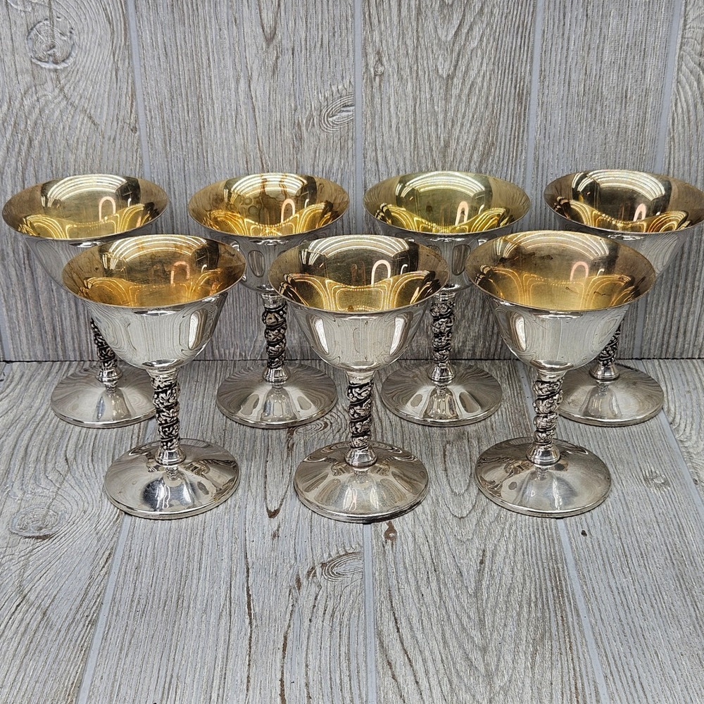 Valero Spain EPB Silver Plated Wine Grape Vine Goblets Set of 7 Chalices VRO2